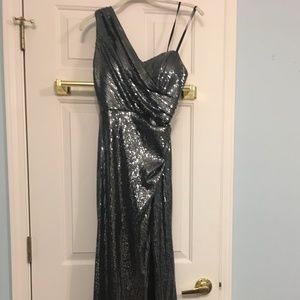 Xscape One Shoulder Silver Sequin Long Prom Dress